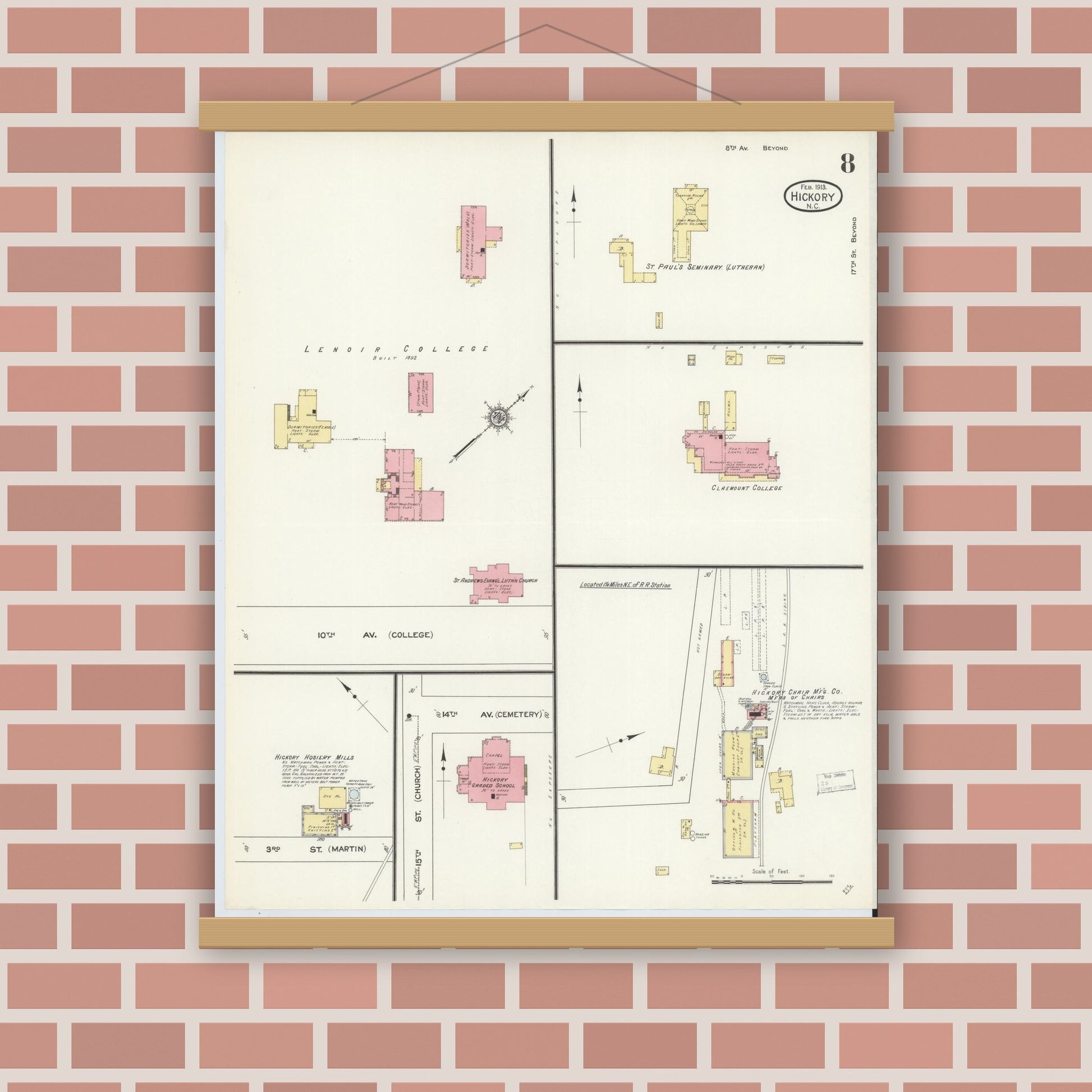 Old map wall art mockup — magnetic wood frame on brick wall — Sanborn Fire Insurance Map from Hickory, Catawba County, North Carolina (1913), Sheet #0008