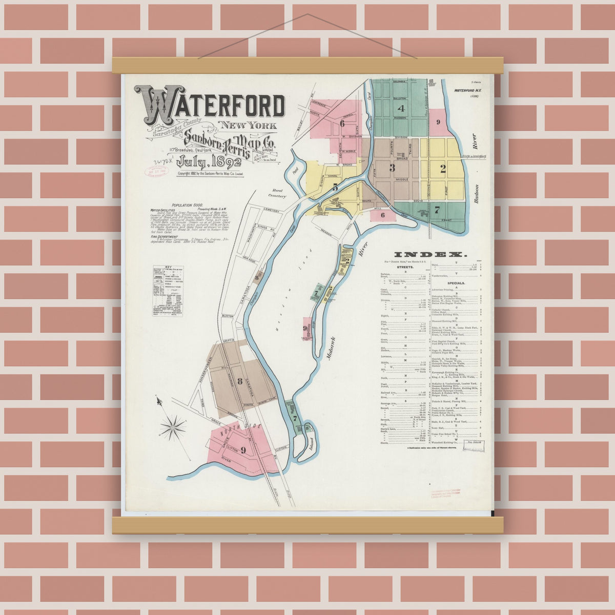 Old map wall art mockup — magnetic wood frame on brick wall — Sanborn Fire Insurance Map from Waterford, Saratoga County, New York (1892), Sheet #0001