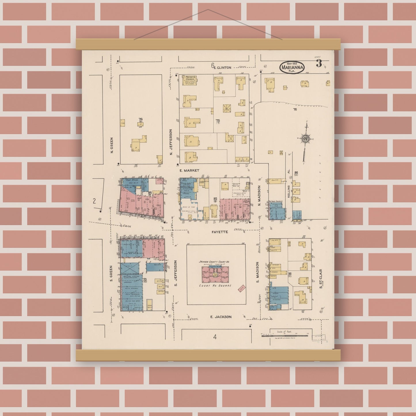 Old map wall art mockup — magnetic wood frame on brick wall — Sanborn Fire Insurance Map from Marianna, Jackson County, Florida (1922), Sheet #0003