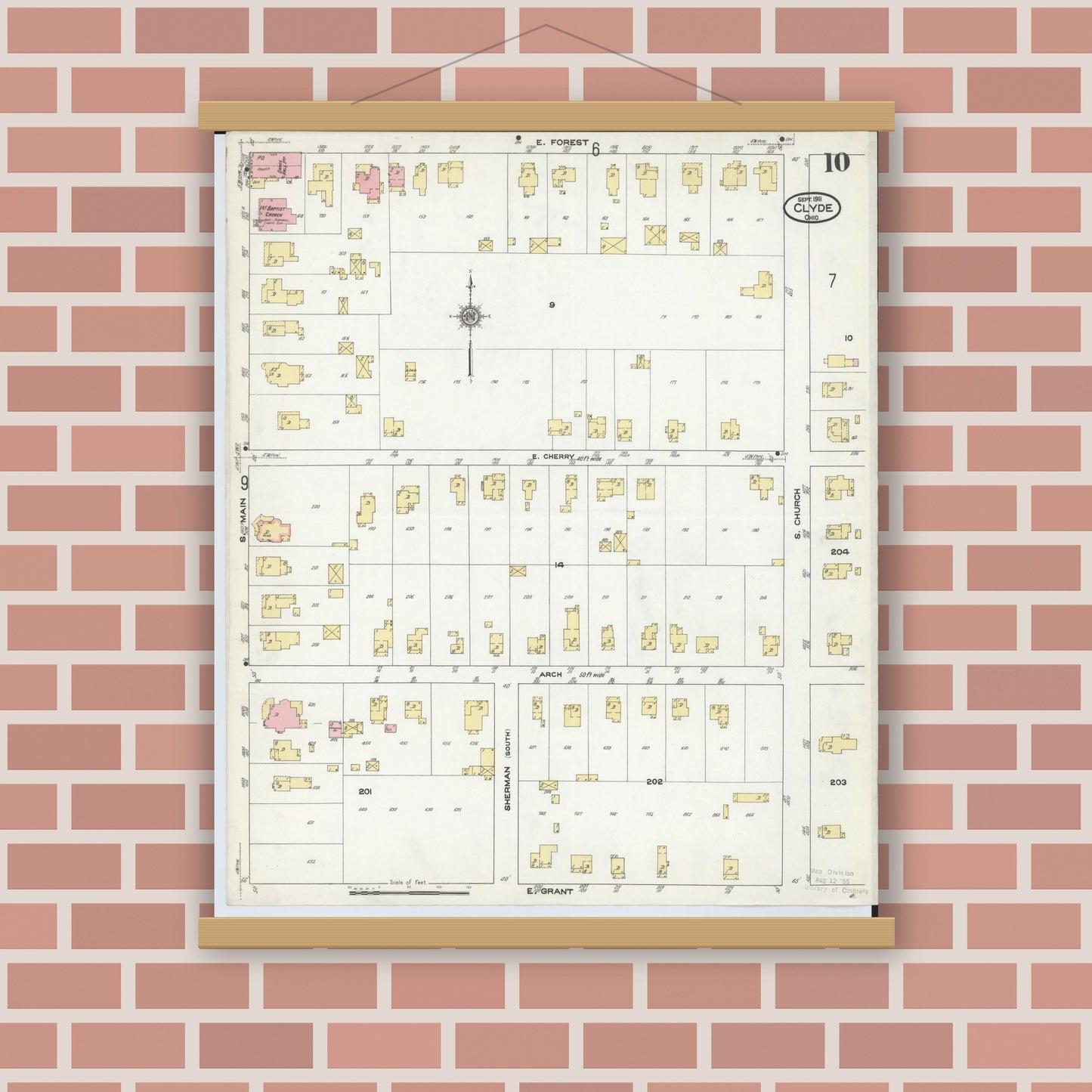 Old map wall art mockup — magnetic wood frame on brick wall — Sanborn Fire Insurance Map from Clyde, Sandusky County, Ohio (1911), Sheet #0010