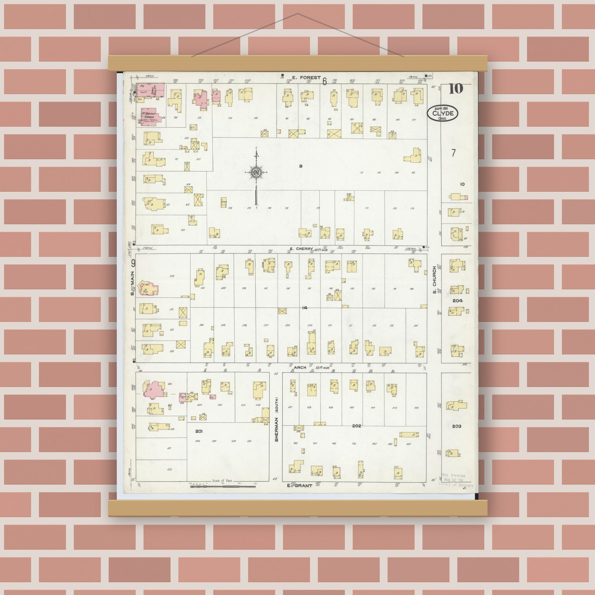 Old map wall art mockup — magnetic wood frame on brick wall — Sanborn Fire Insurance Map from Clyde, Sandusky County, Ohio (1911), Sheet #0010