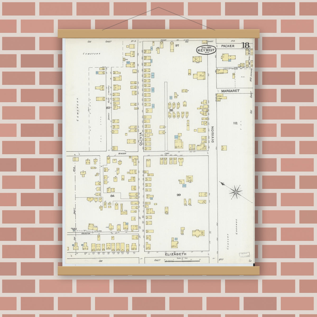 Old map wall art mockup — magnetic wood frame on brick wall — Sanborn Fire Insurance Map from Key West, Monroe County, Florida (1892), Sheet #0018