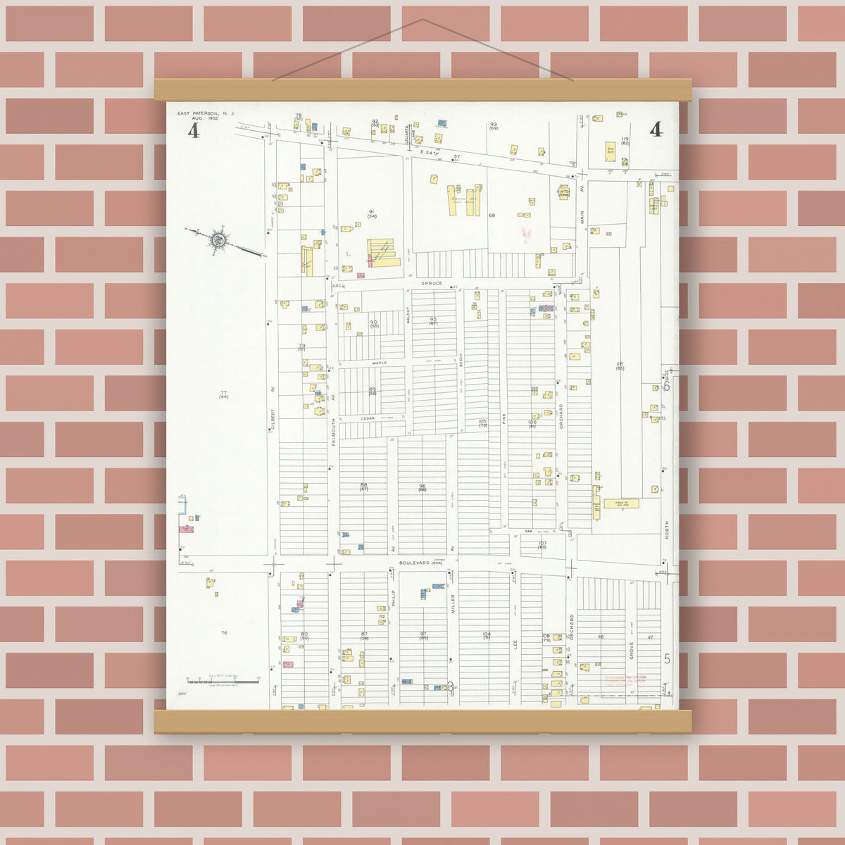 Old map wall art mockup — magnetic wood frame on brick wall — Sanborn Fire Insurance Map from East Paterson, Bergen County, New Jersey (1932), Sheet #0004