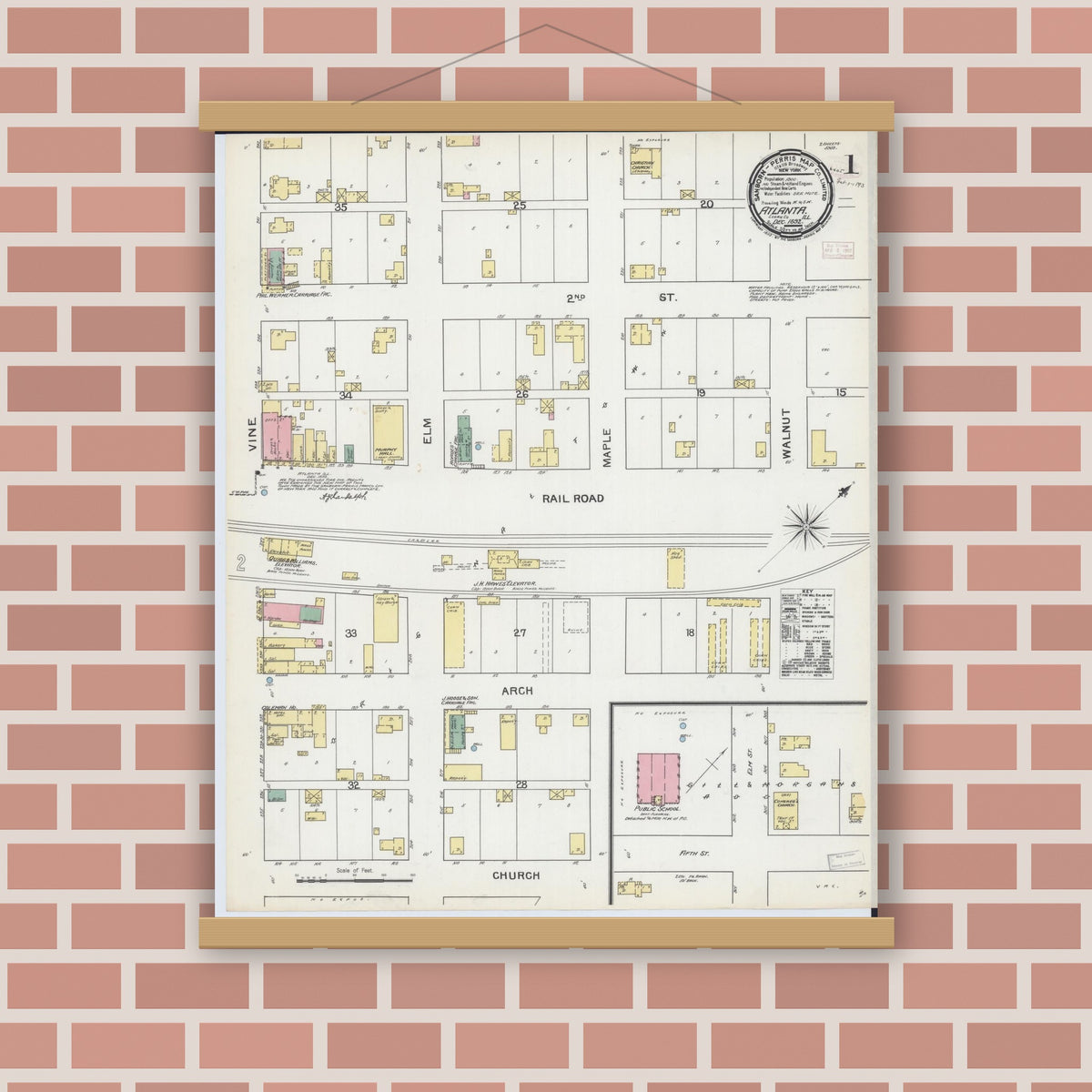 Old map wall art mockup — magnetic wood frame on brick wall — Sanborn Fire Insurance Map from Atlanta, Logan County, Illinois (1892), Sheet #0001