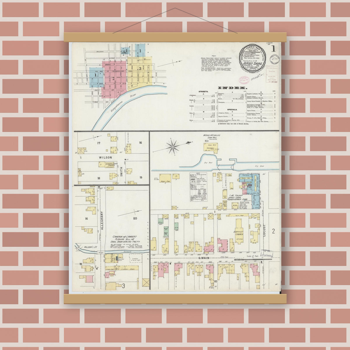 Old map wall art mockup — magnetic wood frame on brick wall — Sanborn Fire Insurance Map from Jersey Shore, Lycoming County, Pennsylvania (1896), Sheet #0001