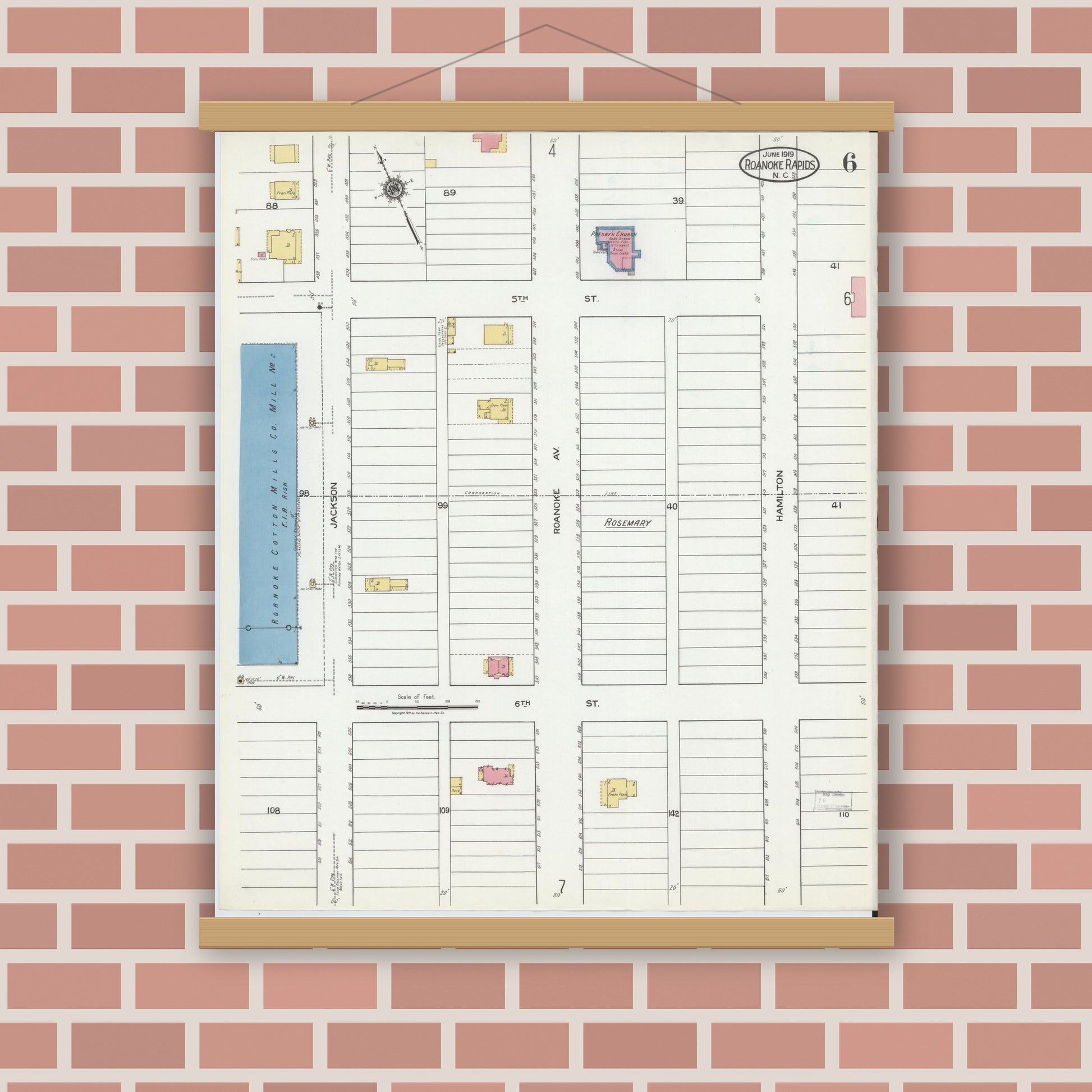 Old map wall art mockup — magnetic wood frame on brick wall — Sanborn Fire Insurance Map from Roanoke Rapids, Halifax County, North Carolina (1919), Sheet #0006