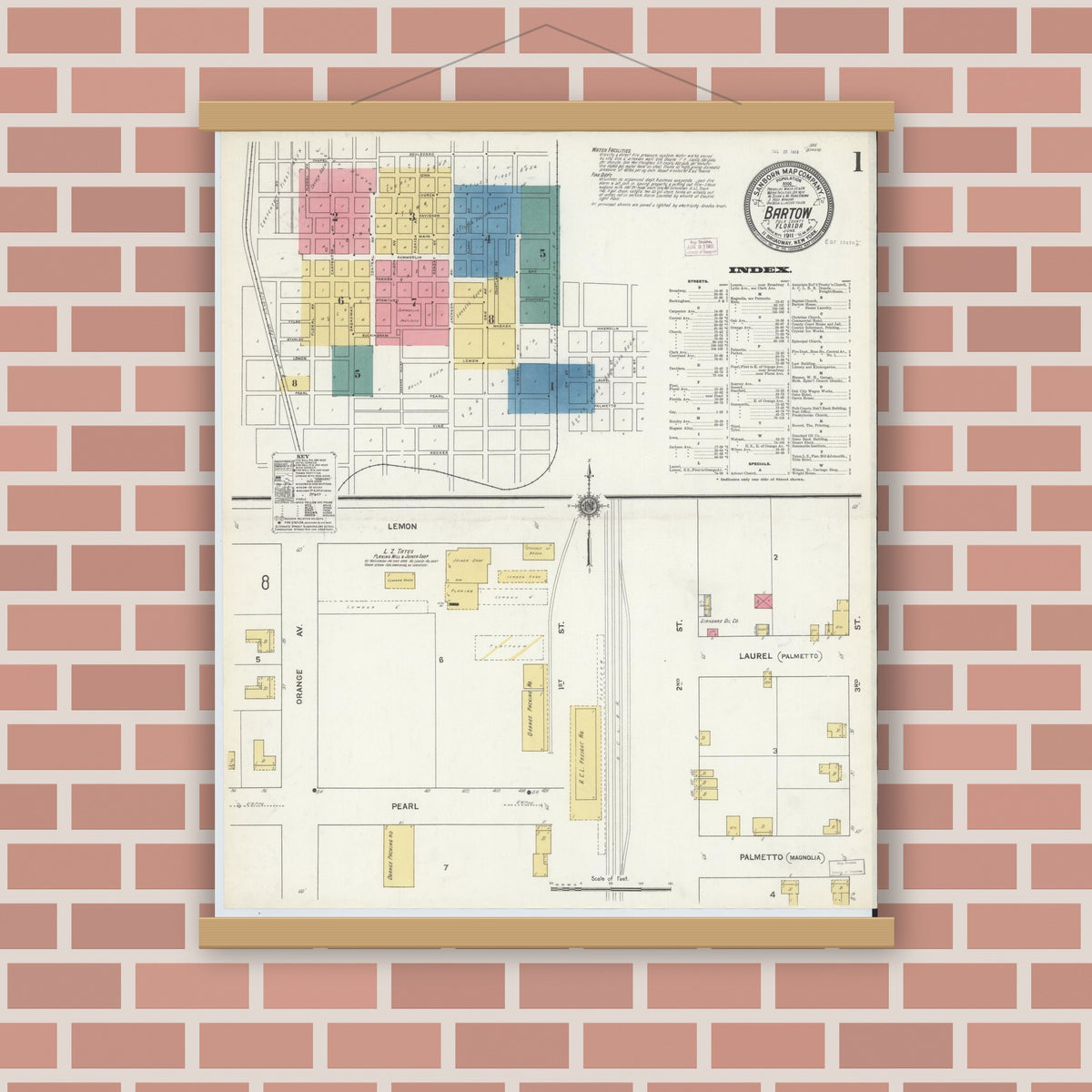 Old map wall art mockup — magnetic wood frame on brick wall — Sanborn Fire Insurance Map from Bartow, Polk County, Florida (1911), Sheet #0001