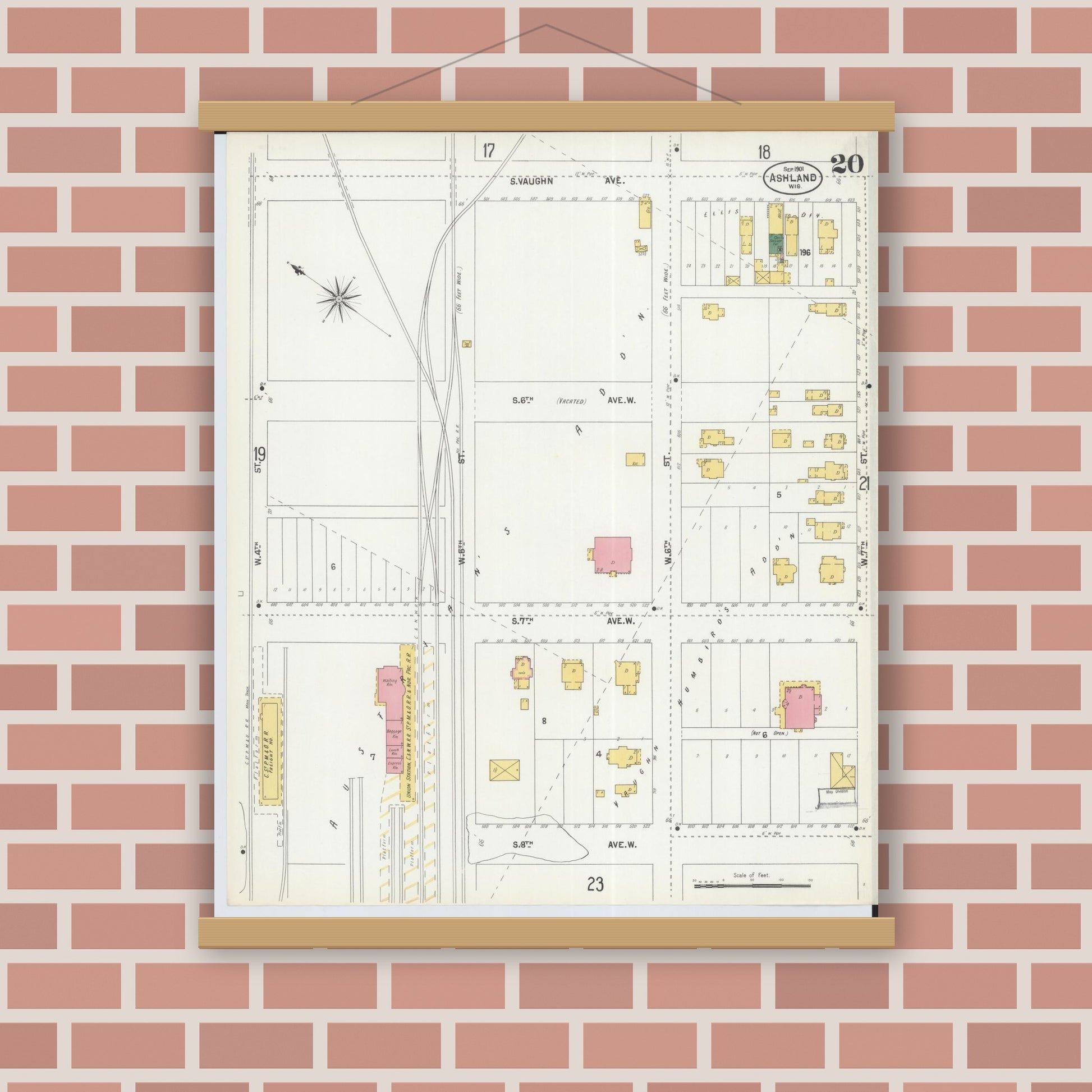 Old map wall art mockup — magnetic wood frame on brick wall — Sanborn Fire Insurance Map from Ashland, Ashland County, Wisconsin (1901), Sheet #0020