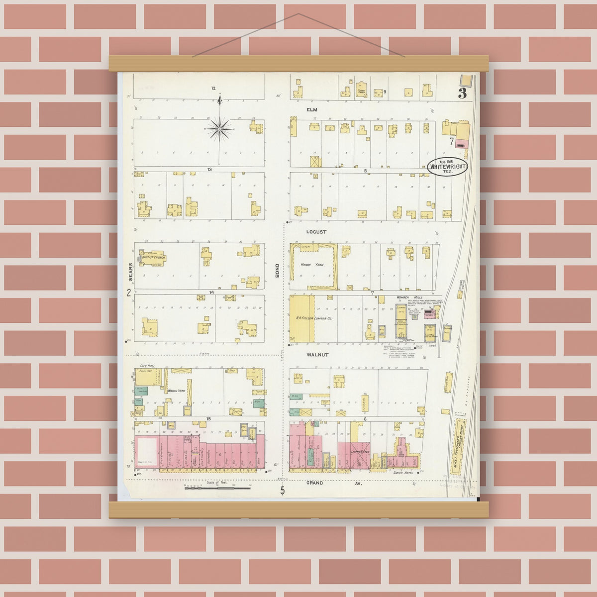 Old map wall art mockup — magnetic wood frame on brick wall — Sanborn Fire Insurance Map from Whitewright, Grayson County, Texas (1905), Sheet #0003