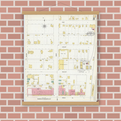 Old map wall art mockup — magnetic wood frame on brick wall — Sanborn Fire Insurance Map from Whitewright, Grayson County, Texas (1905), Sheet #0003