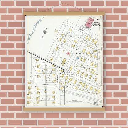 Old map wall art mockup — magnetic wood frame on brick wall — Sanborn Fire Insurance Map from Swanton, Fulton County, Ohio (1920), Sheet #0002