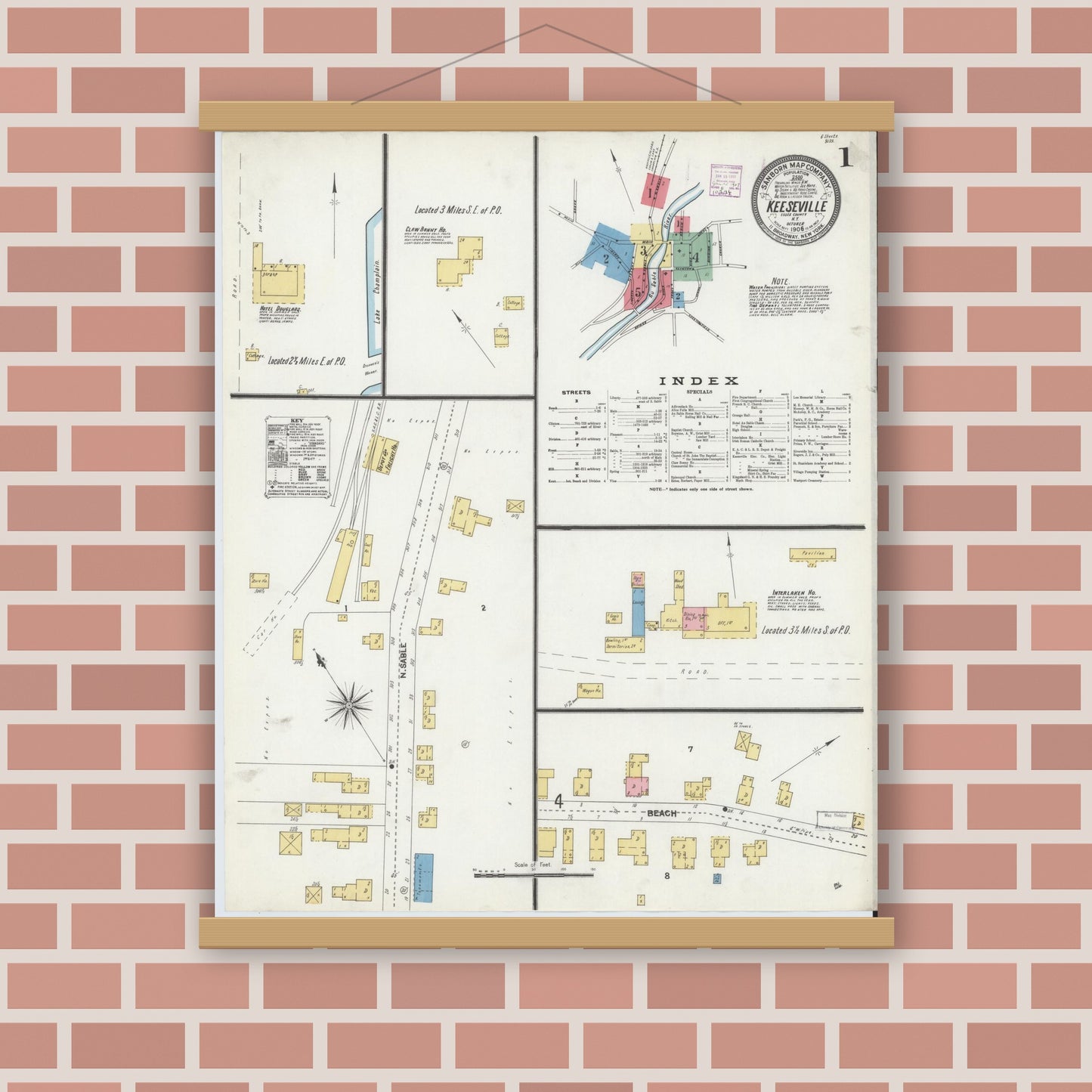 Old map wall art mockup — magnetic wood frame on brick wall — Sanborn Fire Insurance Map from Keeseville, Essex County, New York (1906) - Complete Map Set