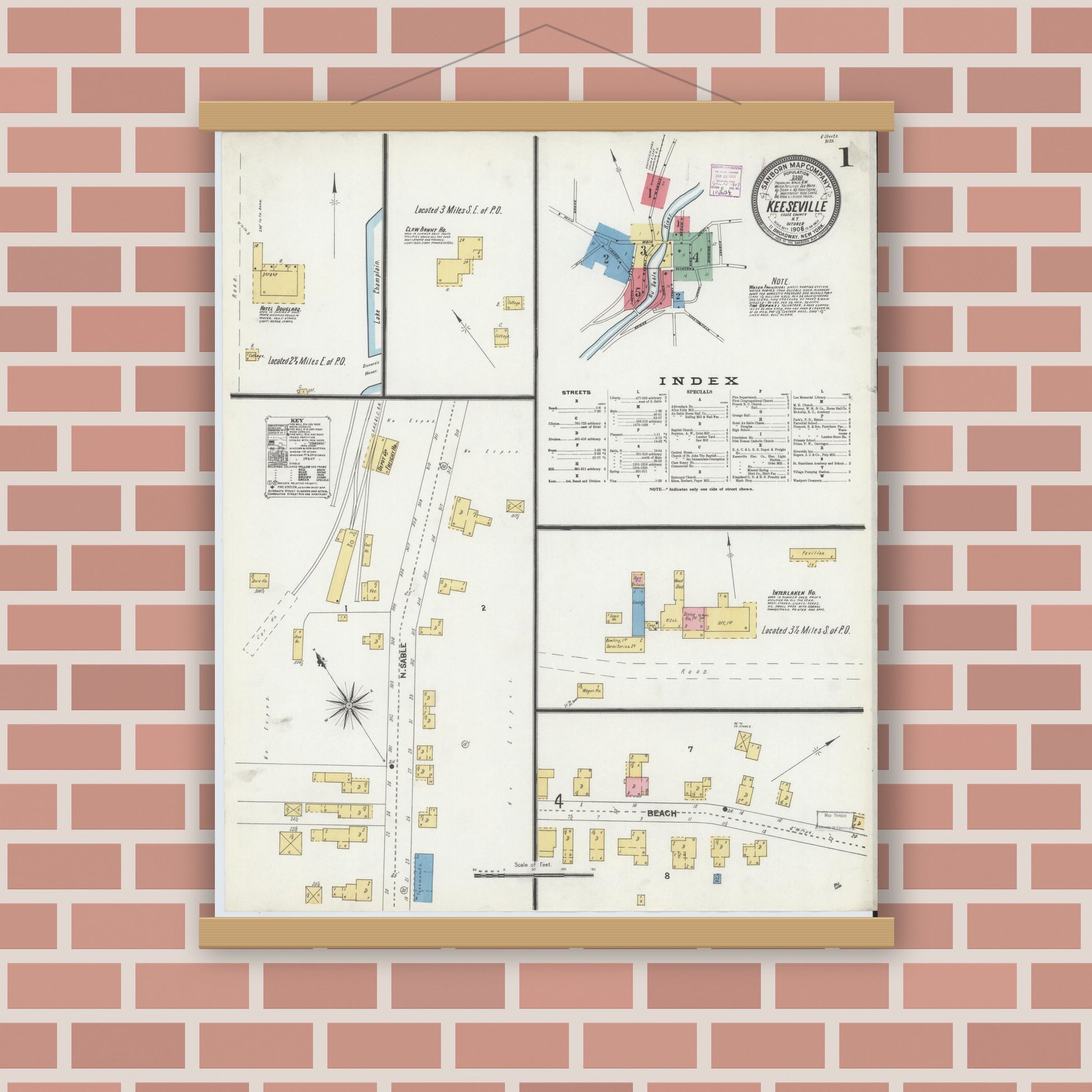 Old map wall art mockup — magnetic wood frame on brick wall — Sanborn Fire Insurance Map from Keeseville, Essex County, New York (1906) - Complete Map Set
