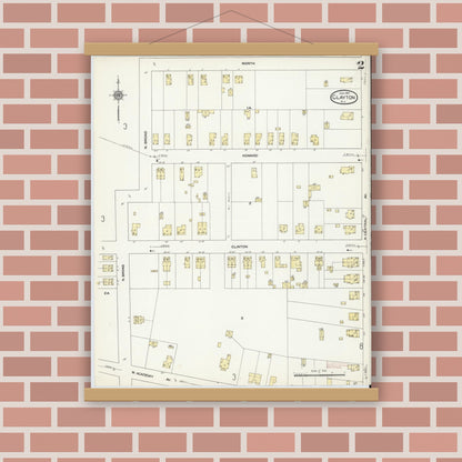 Old map wall art mockup — magnetic wood frame on brick wall — Sanborn Fire Insurance Map from Clayton, Gloucester County, New Jersey (1910), Sheet #0002