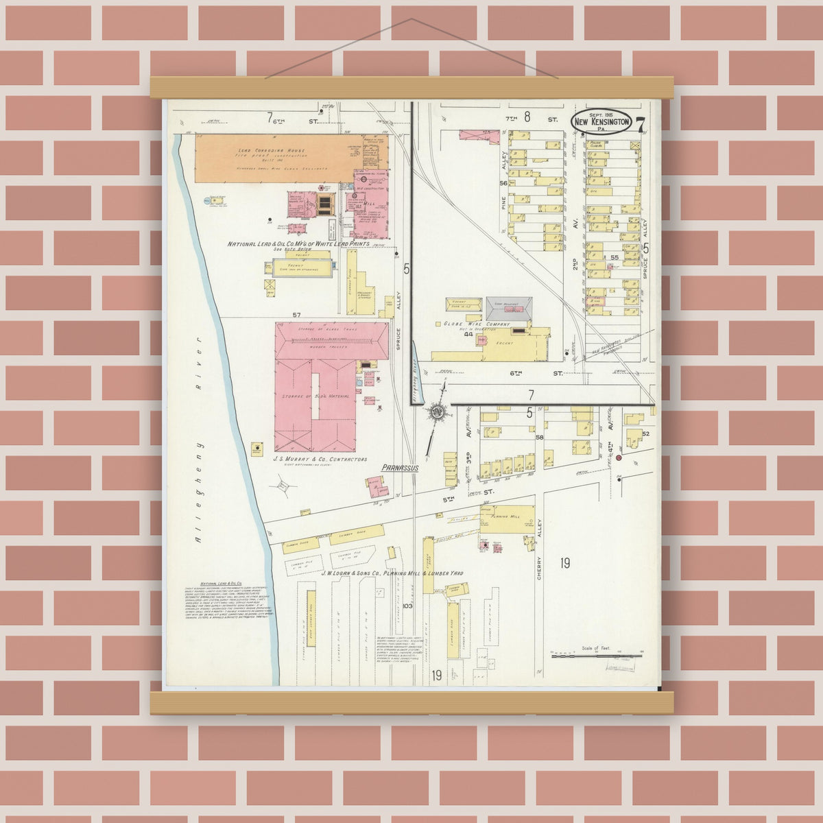 Old map wall art mockup — magnetic wood frame on brick wall — Sanborn Fire Insurance Map from New Kensington, Westmoreland County, Pennsylvania (1915), Sheet #0007