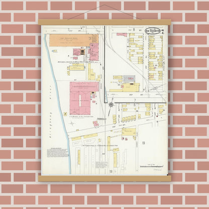 Old map wall art mockup — magnetic wood frame on brick wall — Sanborn Fire Insurance Map from New Kensington, Westmoreland County, Pennsylvania (1915), Sheet #0007