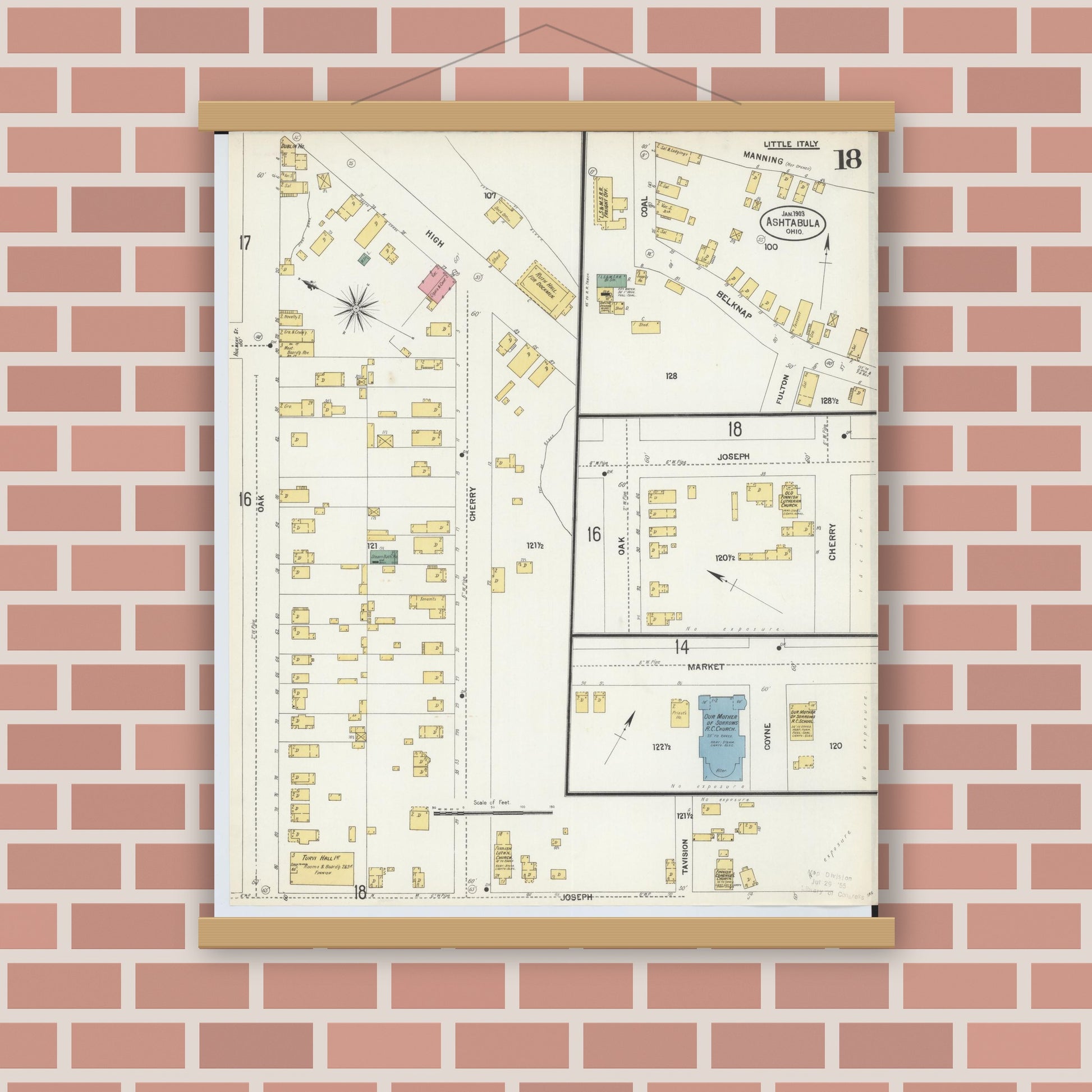 Old map wall art mockup — magnetic wood frame on brick wall — Sanborn Fire Insurance Map from Ashtabula, Ashtabula County, Ohio (1903), Sheet #0018