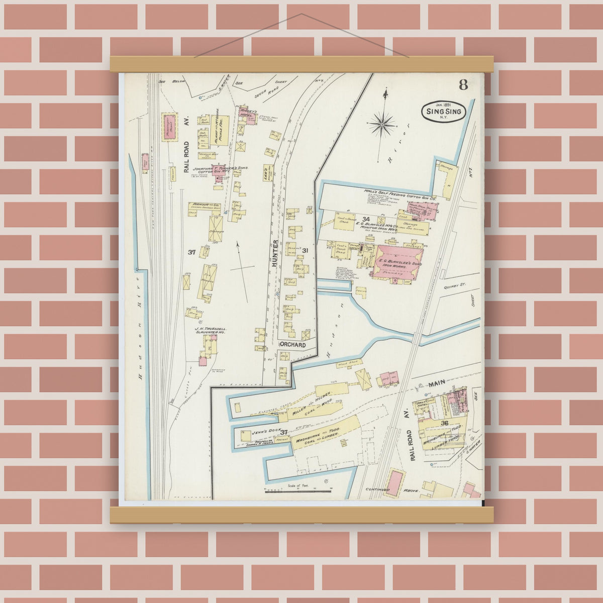 Old map wall art mockup — magnetic wood frame on brick wall — Sanborn Fire Insurance Map from Sing Sing, Westchester County, New York (1891), Sheet #0008