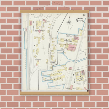 Old map wall art mockup — magnetic wood frame on brick wall — Sanborn Fire Insurance Map from Sing Sing, Westchester County, New York (1891), Sheet #0008