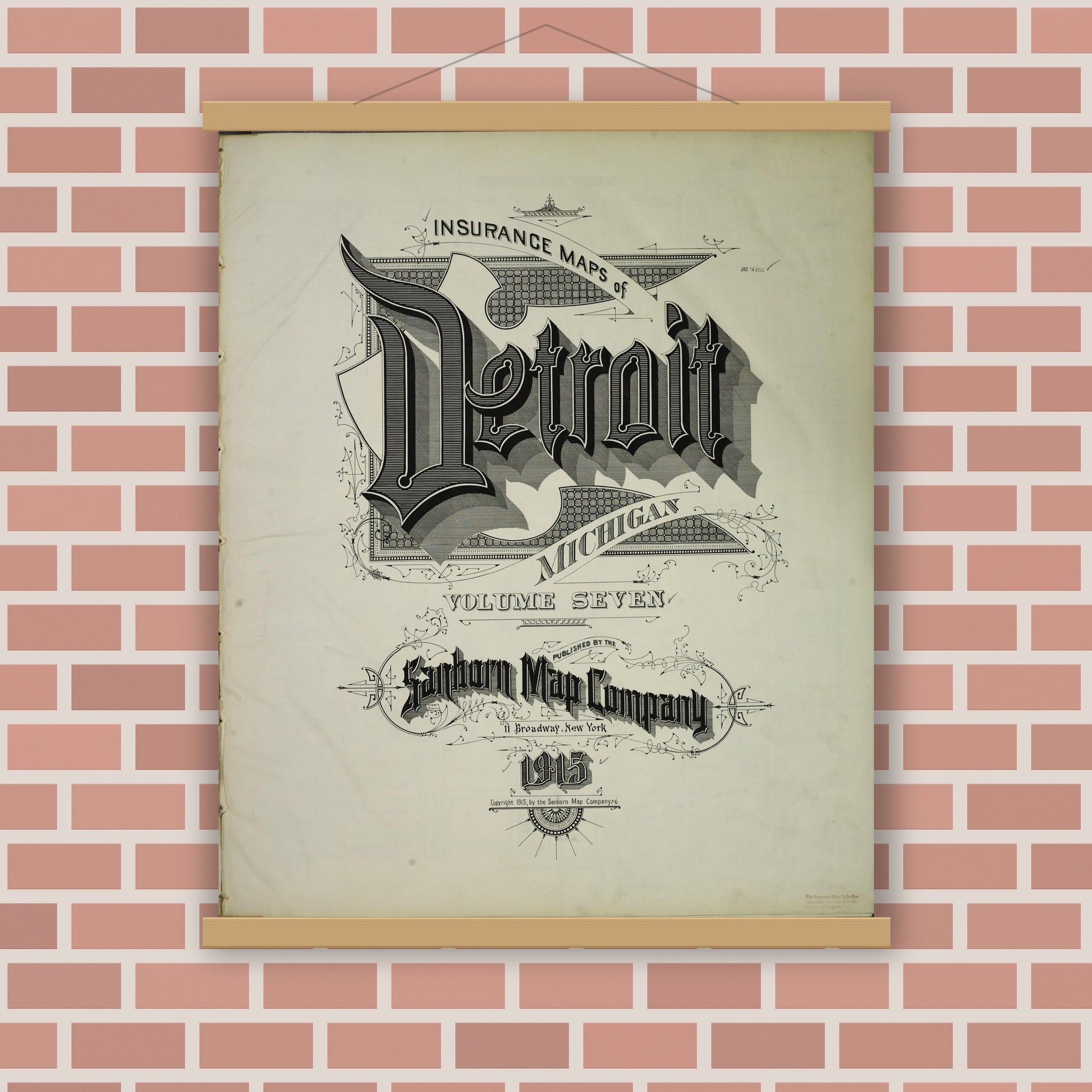 Old map wall art mockup — magnetic wood frame on brick wall — Sanborn Fire Insurance Map from Detroit, Wayne County, Michigan (1915), Sheet #0001