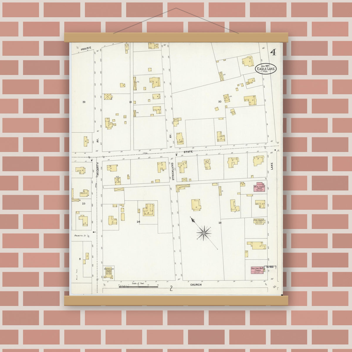Old map wall art mockup — magnetic wood frame on brick wall — Sanborn Fire Insurance Map from Eagle Lake, Colorado County, Texas (1907), Sheet #0004