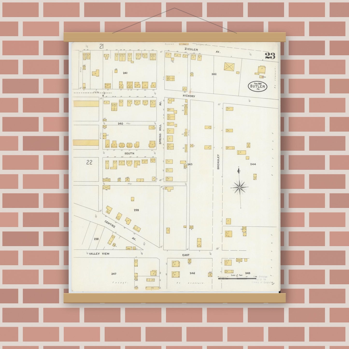 Old map wall art mockup — magnetic wood frame on brick wall — Sanborn Fire Insurance Map from Butler, Butler County, Pennsylvania (1906), Sheet #0023