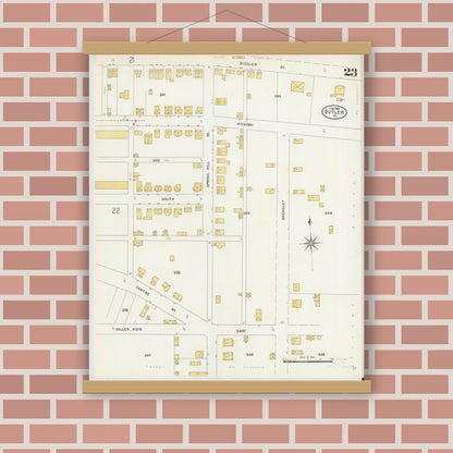 Old map wall art mockup — magnetic wood frame on brick wall — Sanborn Fire Insurance Map from Butler, Butler County, Pennsylvania (1906), Sheet #0023