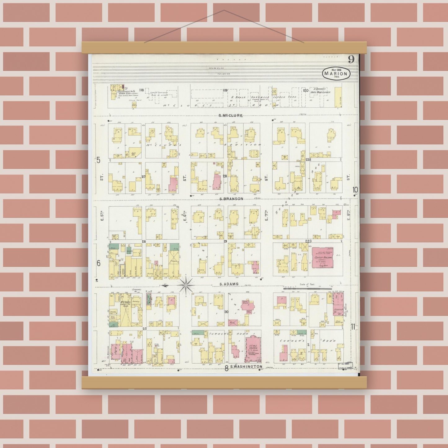 Old map wall art mockup — magnetic wood frame on brick wall — Sanborn Fire Insurance Map from Marion, Grant County, Indiana (1896), Sheet #0009