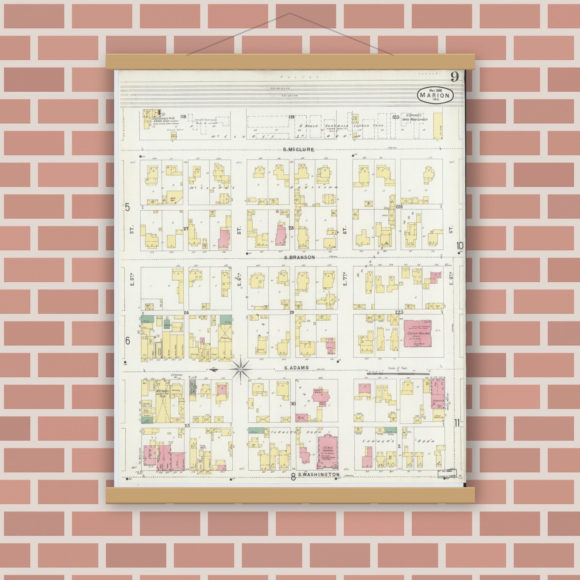 Old map wall art mockup — magnetic wood frame on brick wall — Sanborn Fire Insurance Map from Marion, Grant County, Indiana (1896), Sheet #0009