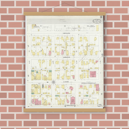 Old map wall art mockup — magnetic wood frame on brick wall — Sanborn Fire Insurance Map from Marion, Grant County, Indiana (1896), Sheet #0009
