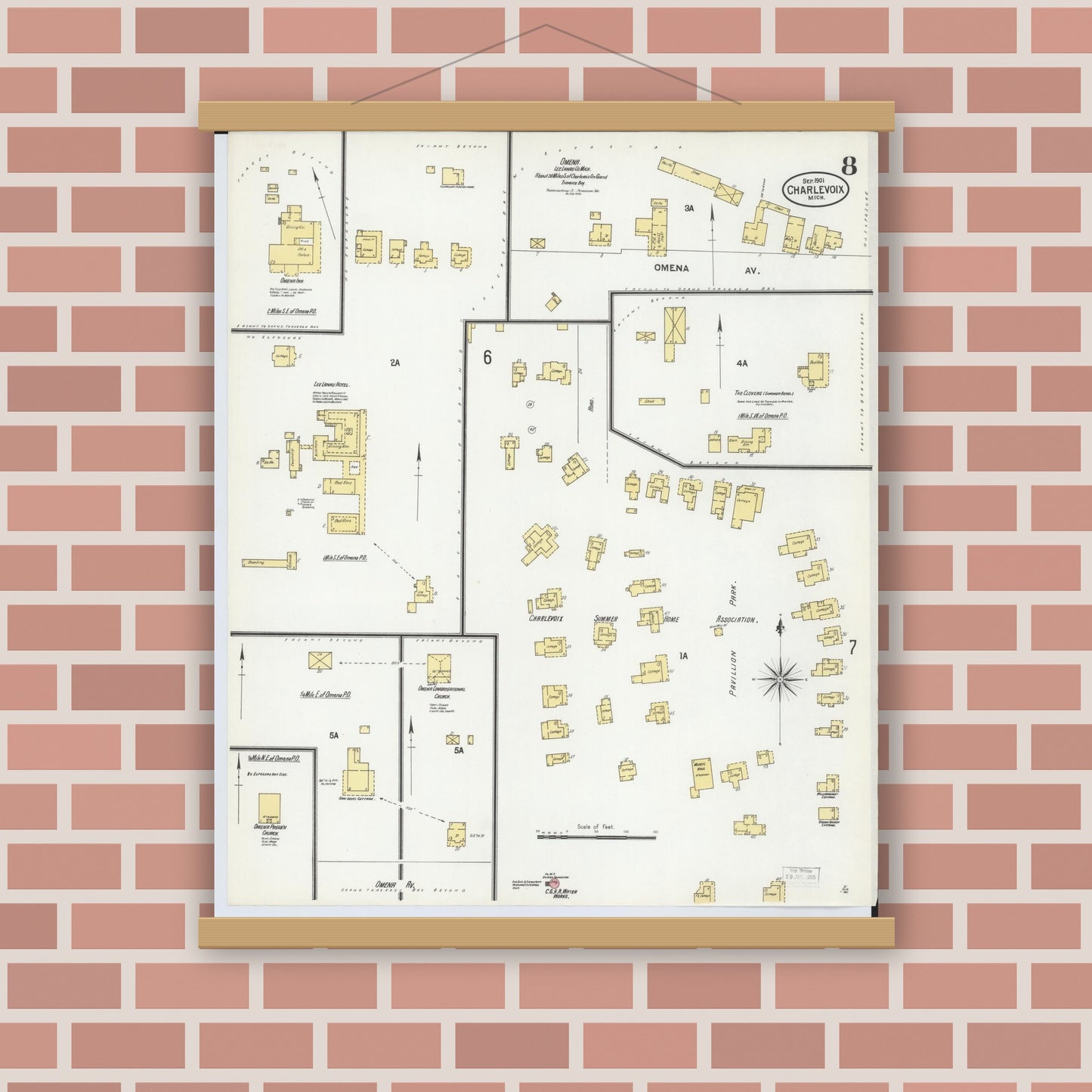 Old map wall art mockup — magnetic wood frame on brick wall — Sanborn Fire Insurance Map from Charlevoix, Charlevoix County, Michigan (1901), Sheet #0008