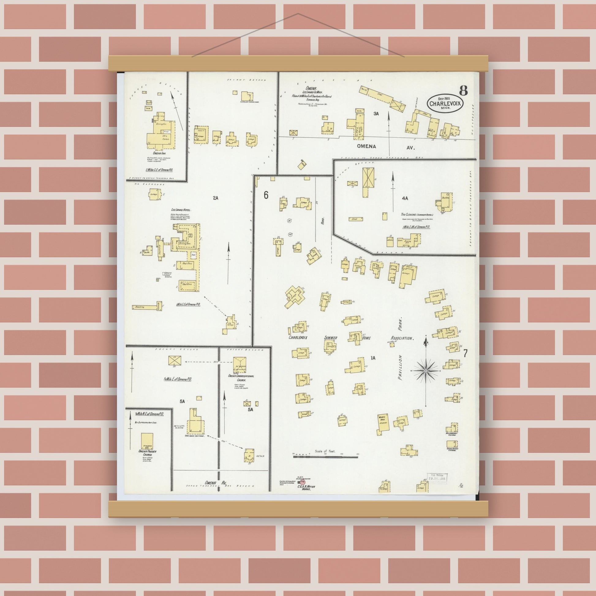 Old map wall art mockup — magnetic wood frame on brick wall — Sanborn Fire Insurance Map from Charlevoix, Charlevoix County, Michigan (1901), Sheet #0008
