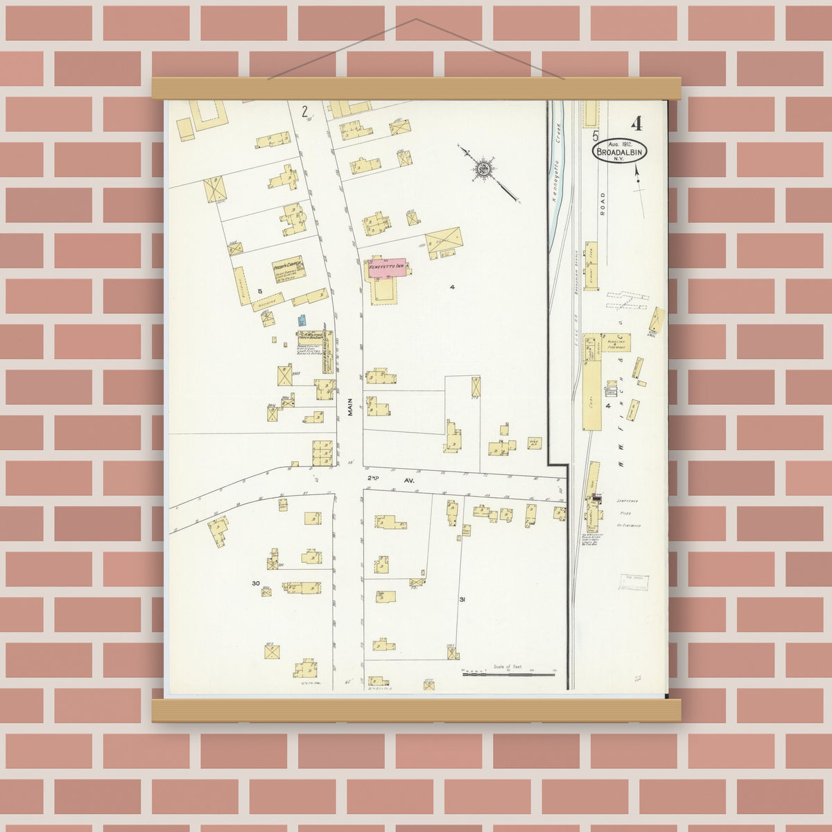 Old map wall art mockup — magnetic wood frame on brick wall — Sanborn Fire Insurance Map from Broadalbin, Fulton County, New York (1912), Sheet #0004