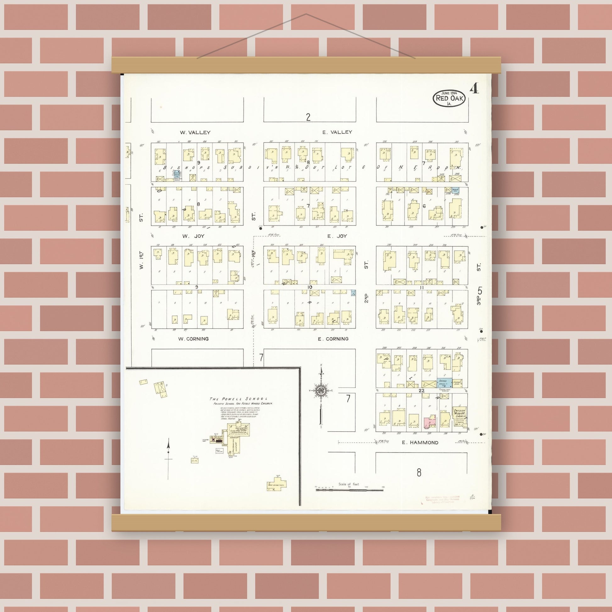 Old map wall art mockup — magnetic wood frame on brick wall — Sanborn Fire Insurance Map from Red Oak, Montgomery County, Iowa (1914), Sheet #0004