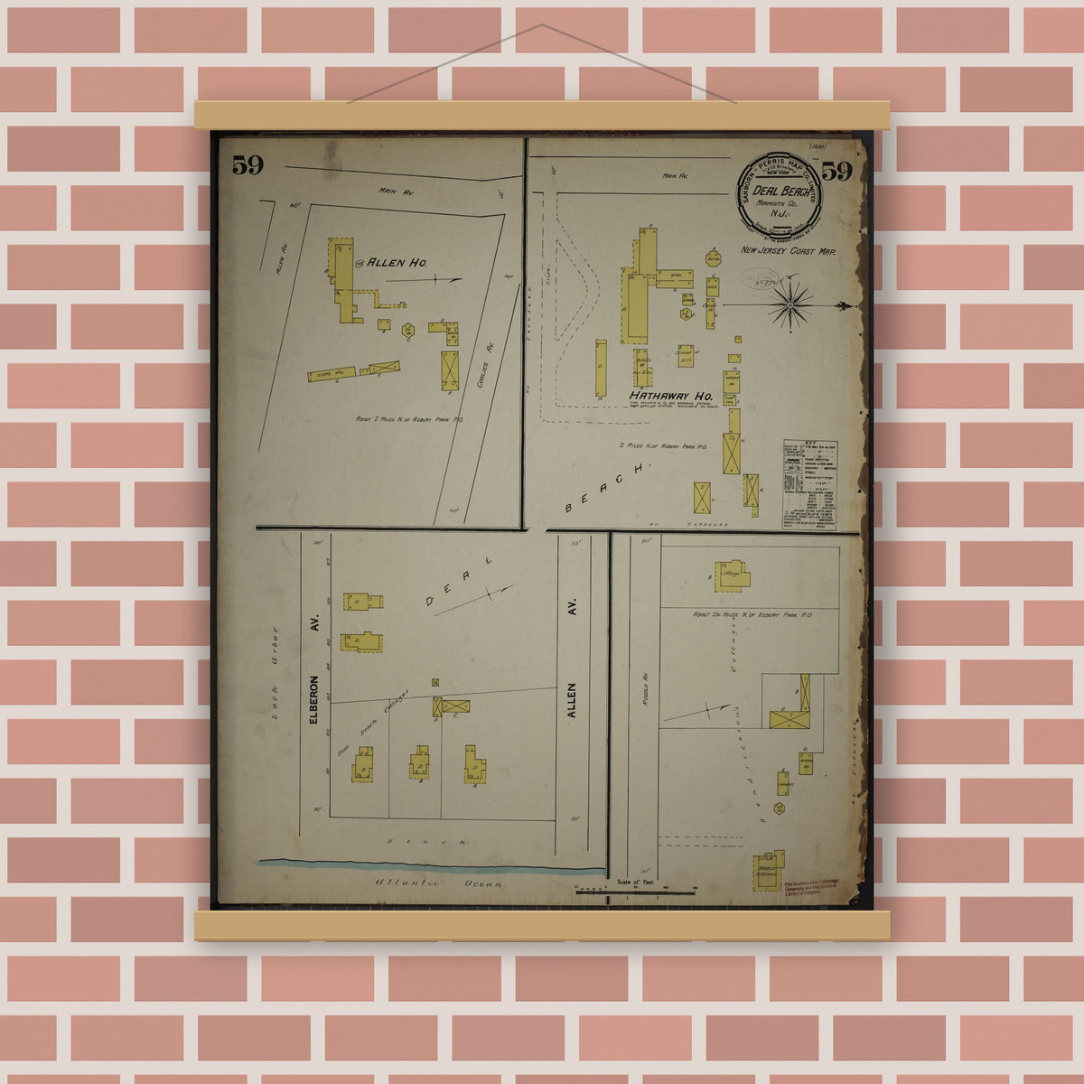 Old map wall art mockup — magnetic wood frame on brick wall — Sanborn Fire Insurance Map from New Jersey Coast, New Jersey Coast, New Jersey (1890), Sheet #0059