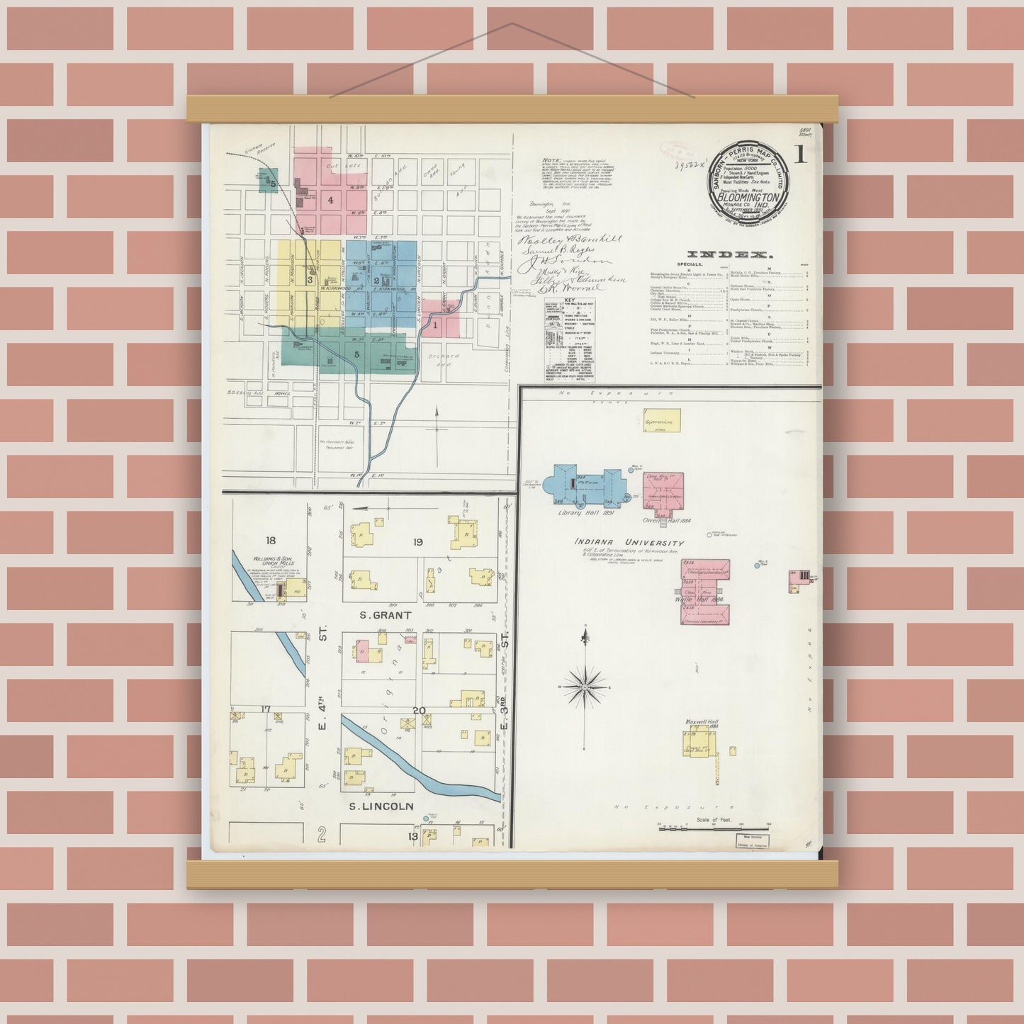 Old map wall art mockup — magnetic wood frame on brick wall — Sanborn Fire Insurance Map from Bloomington, Monroe County, Indiana (1892) - Complete Map Set