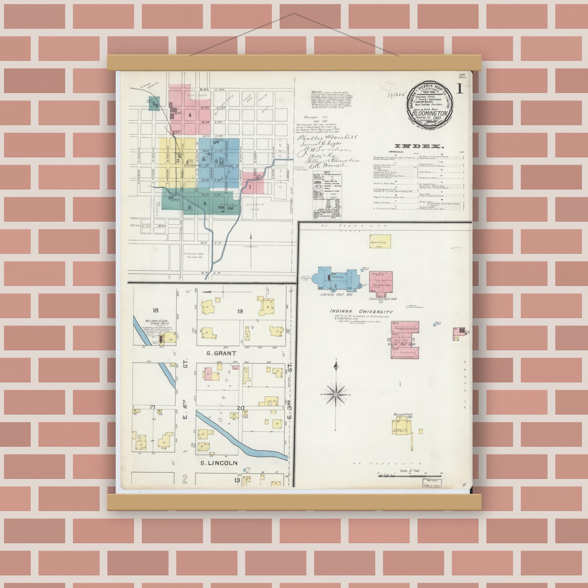 Old map wall art mockup — magnetic wood frame on brick wall — Sanborn Fire Insurance Map from Bloomington, Monroe County, Indiana (1892) - Complete Map Set