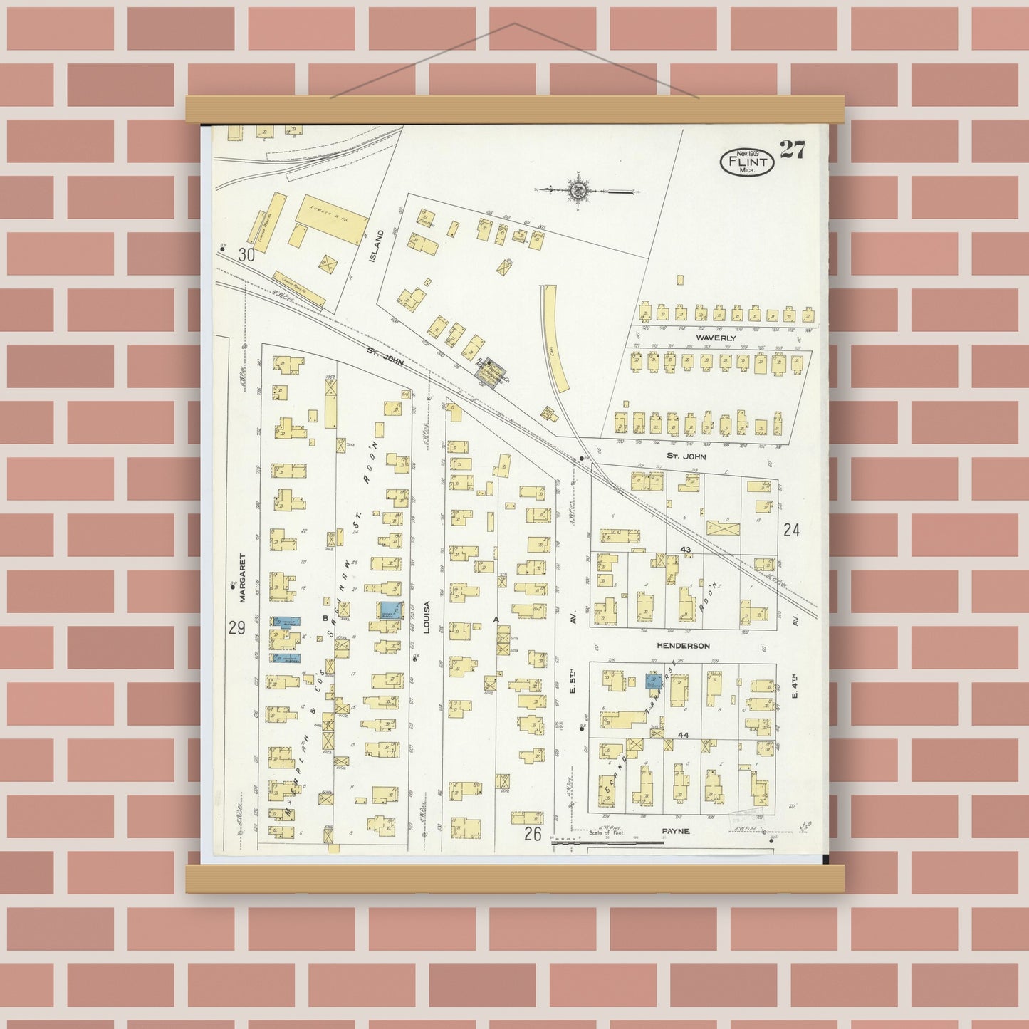 Old map wall art mockup — magnetic wood frame on brick wall — Sanborn Fire Insurance Map from Flint, Genesee County, Michigan (1909), Sheet #0027