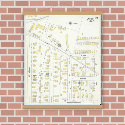 Old map wall art mockup — magnetic wood frame on brick wall — Sanborn Fire Insurance Map from Flint, Genesee County, Michigan (1909), Sheet #0027