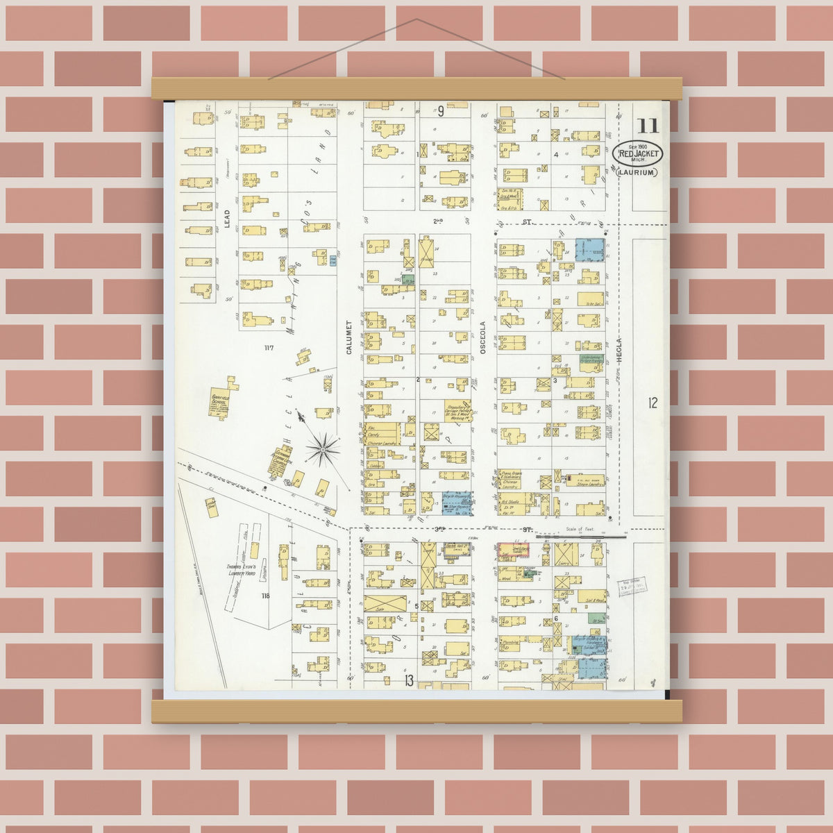 Old map wall art mockup — magnetic wood frame on brick wall — Sanborn Fire Insurance Map from Red Jacket, Houghton County, Michigan (1900), Sheet #0011