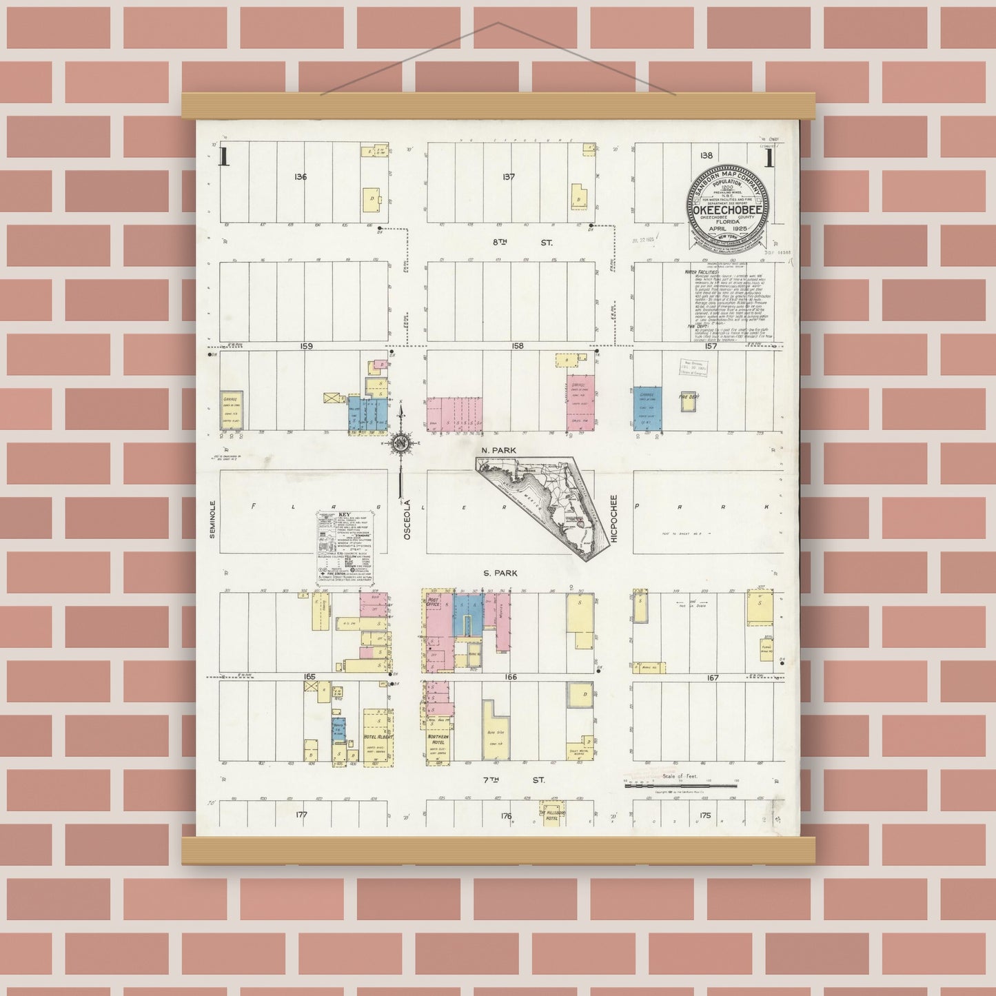 Old map wall art mockup — magnetic wood frame on brick wall — Sanborn Fire Insurance Map from Okeechobee, Okeechobee County, Florida (1925) - Complete Map Set