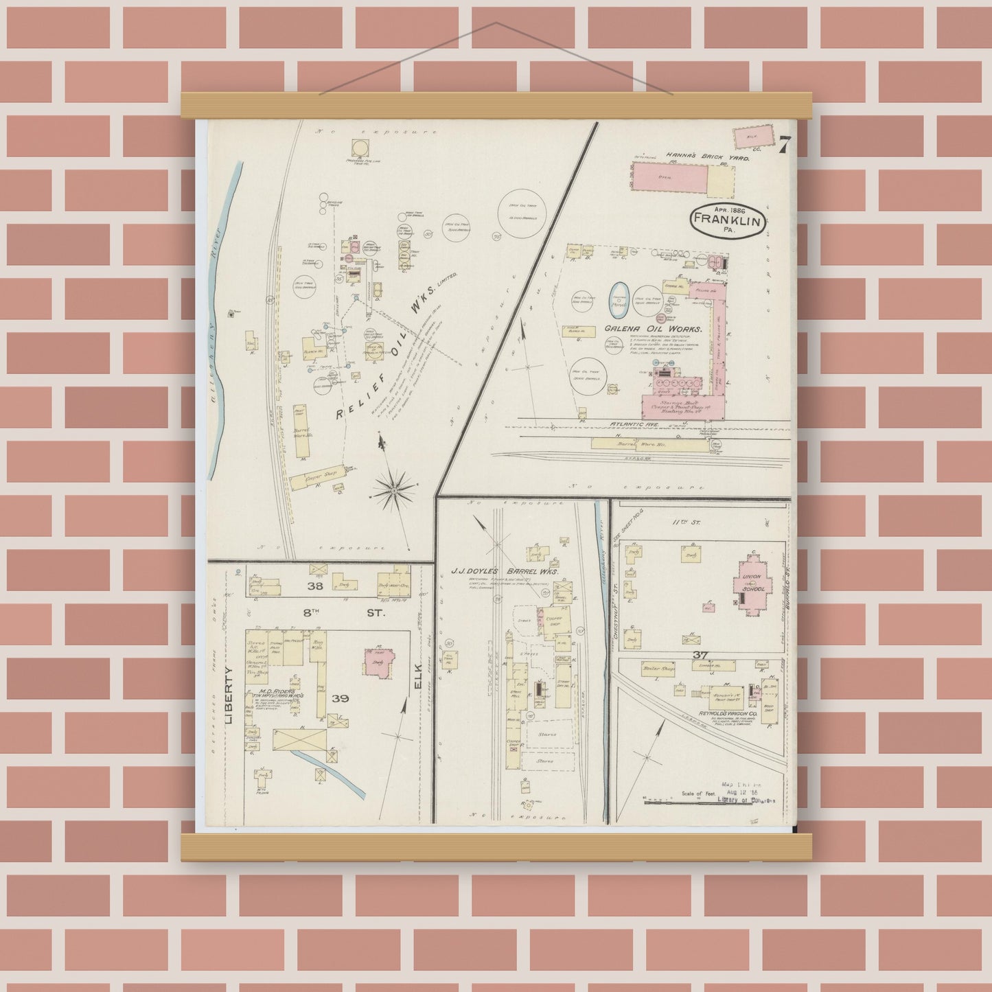 Old map wall art mockup — magnetic wood frame on brick wall — Sanborn Fire Insurance Map from Franklin, Venango County, Pennsylvania (1888), Sheet #0007
