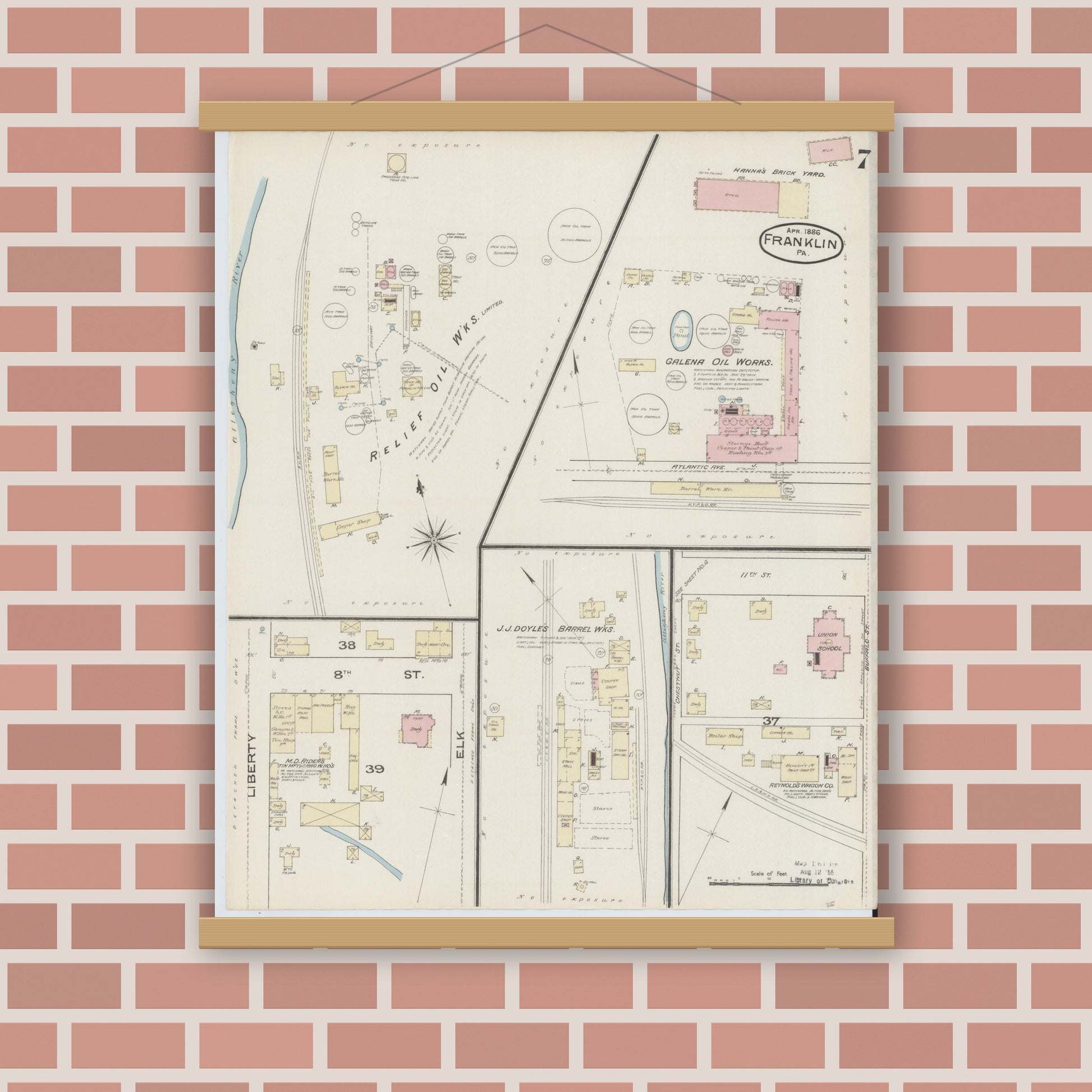 Old map wall art mockup — magnetic wood frame on brick wall — Sanborn Fire Insurance Map from Franklin, Venango County, Pennsylvania (1888), Sheet #0007
