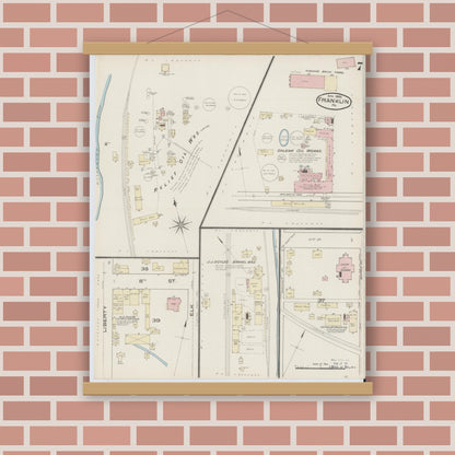 Old map wall art mockup — magnetic wood frame on brick wall — Sanborn Fire Insurance Map from Franklin, Venango County, Pennsylvania (1888), Sheet #0007