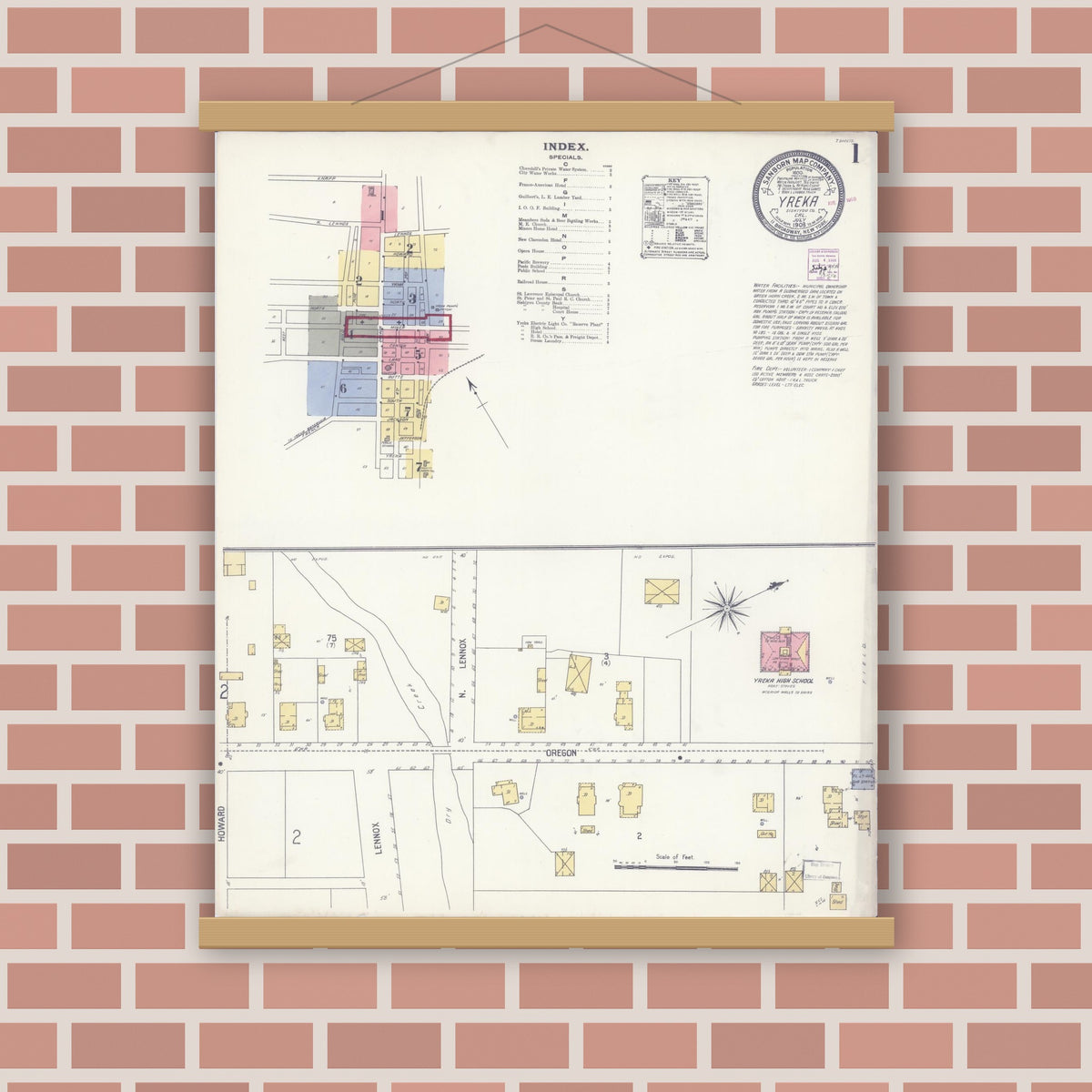 Old map wall art mockup — magnetic wood frame on brick wall — Sanborn Fire Insurance Map from Yreka, Siskiyou County, California (1908) - Complete Map Set