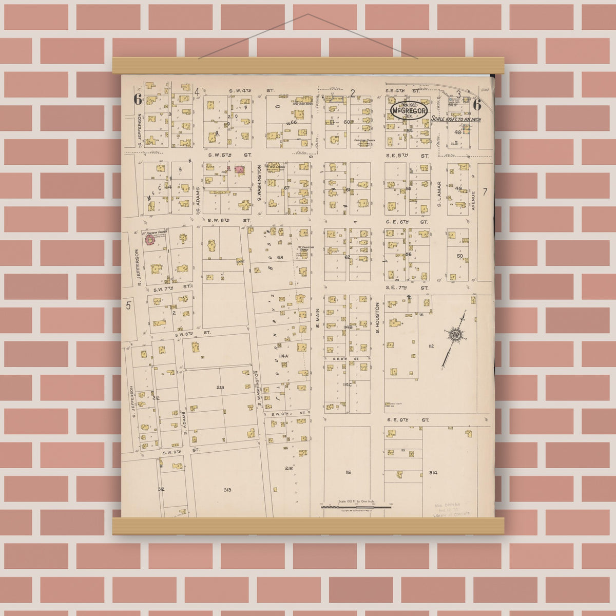 Old map wall art mockup — magnetic wood frame on brick wall — Sanborn Fire Insurance Map from McGregor, McLennan County, Texas (1922), Sheet #0006
