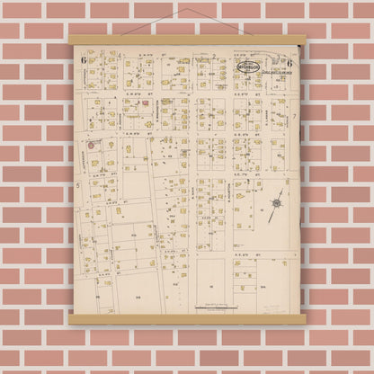Old map wall art mockup — magnetic wood frame on brick wall — Sanborn Fire Insurance Map from McGregor, McLennan County, Texas (1922), Sheet #0006