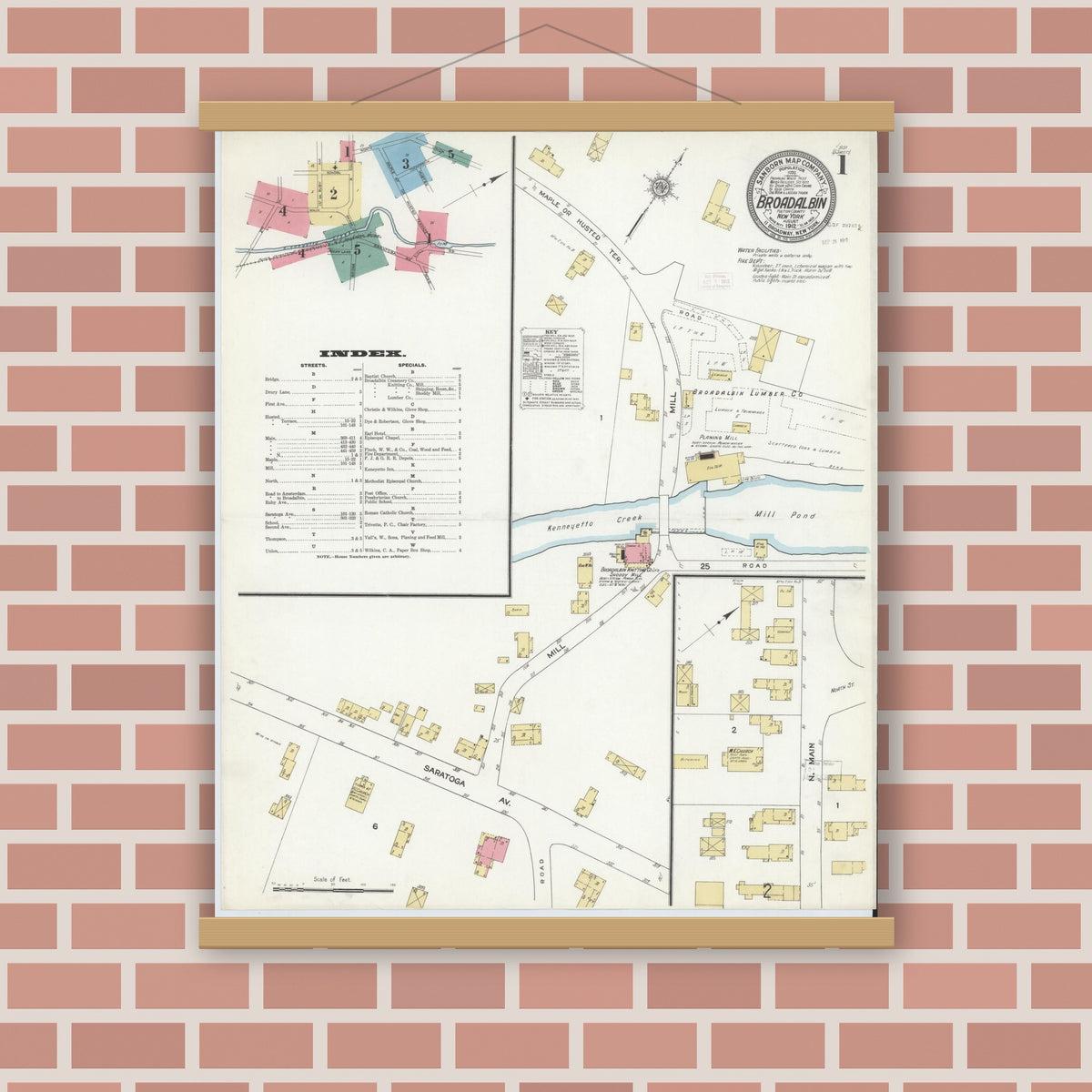 Old map wall art mockup — magnetic wood frame on brick wall — Sanborn Fire Insurance Map from Broadalbin, Fulton County, New York (1912), Sheet #0001