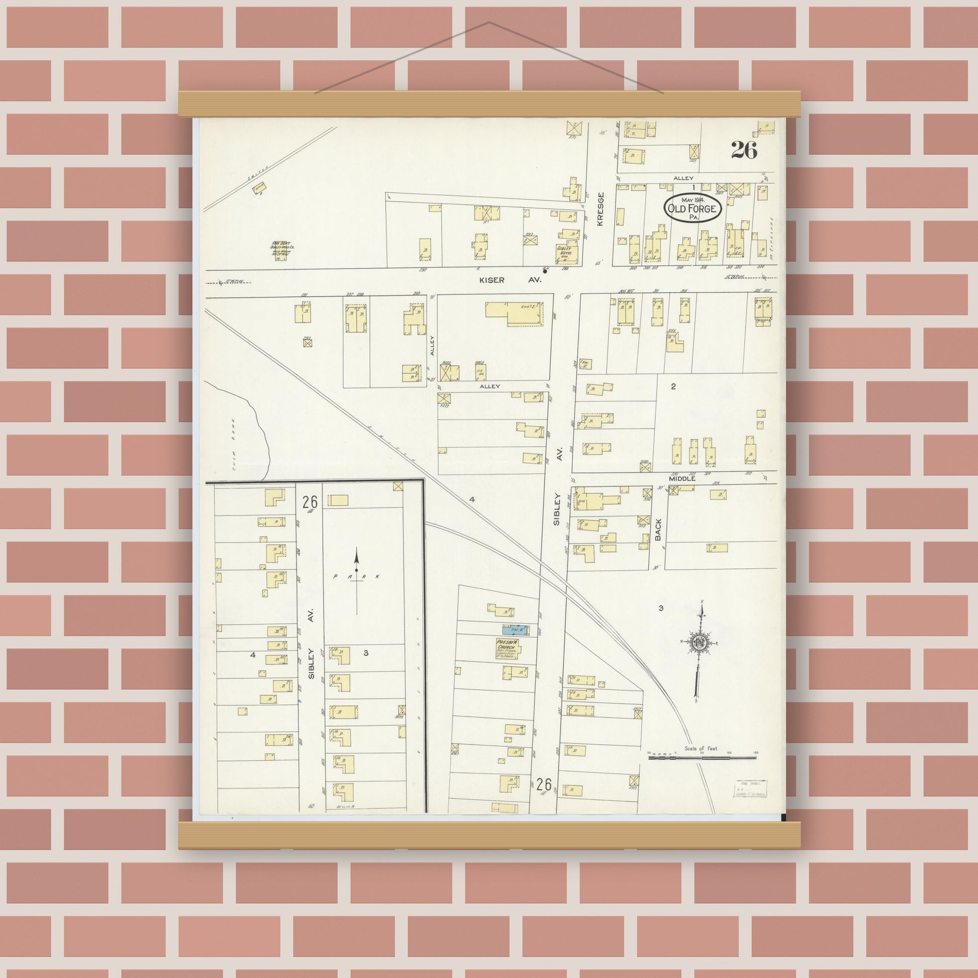 Old map wall art mockup — magnetic wood frame on brick wall — Sanborn Fire Insurance Map from Old Forge, Lackawanna County, Pennsylvania (1914), Sheet #0026