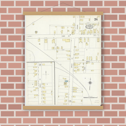 Old map wall art mockup — magnetic wood frame on brick wall — Sanborn Fire Insurance Map from Old Forge, Lackawanna County, Pennsylvania (1914), Sheet #0026